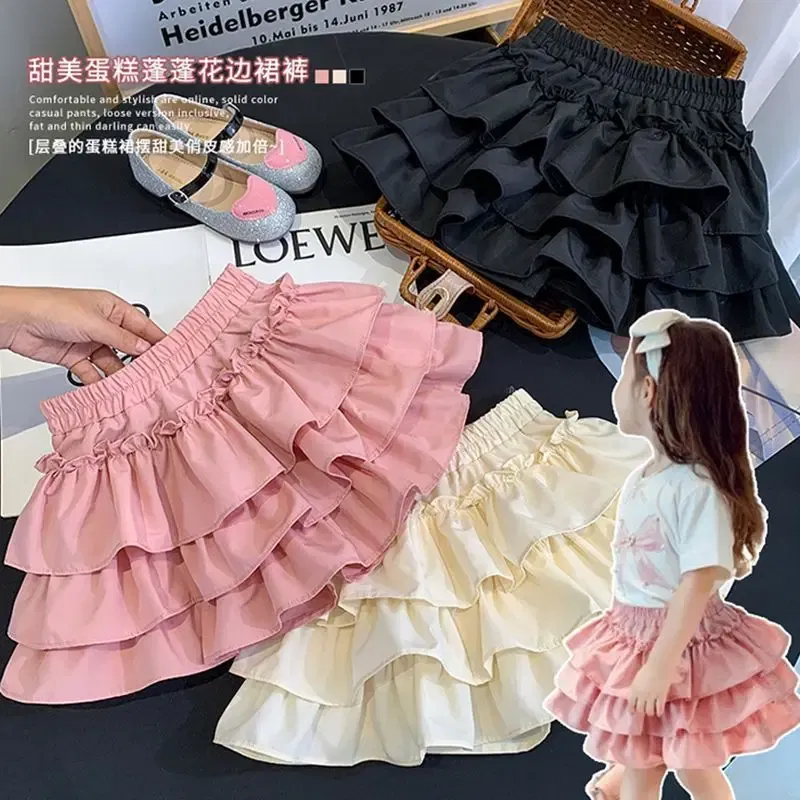 Color: Beige, Kid Size: 2T - Children Girls Pleated Cake Skirts Summer 2025 Elastic Waist Infant Babys Girls Bubble Skirts Toddler Kids Girls Princess Skirts