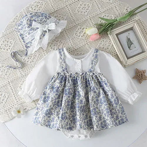 Color: black, Kid Size: 6M - Newborn Baby Girls Bodysuits+Hat Printing Stitching Cotton Long Sleeve Infant Baby Girls Jumpsuit Autumn Spring Baby Clothing