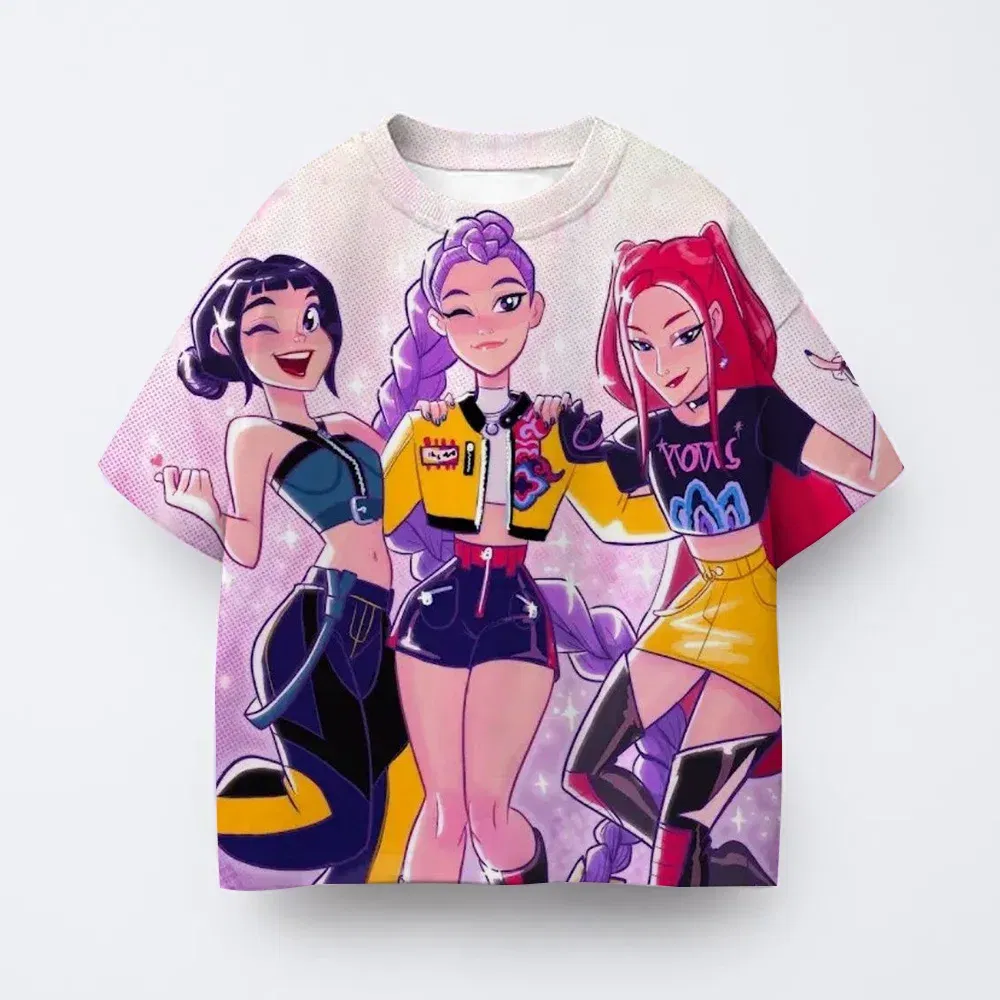 Color: SKY BLUE, Kid Size: 5 - Toddler Girl Clothes Kpop Demon Hunters Cartoon Tee Shirt Funny Gift for Fans Harajuku Cool Kids T-shirts Cotton Summer Tops