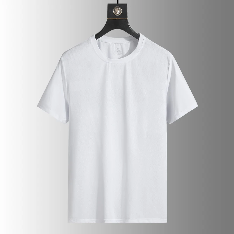 Color: Ivory, Size: 5XL - Men's Silk Ice Round Collar T-shirt, Simple Running Fitness Suit, Breathable Thin T-shirt, Quick Dry T-shirt, Summer