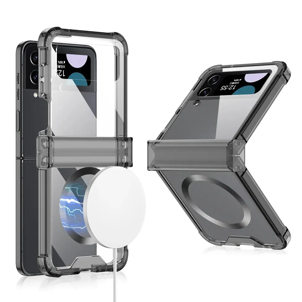 Color: Black, Material: Aluminum - Colorful Transparent Folding Hinge For Samsung Galaxy Z Flip 4 3 Magsafe Magnetic Wireless Charging Case Shockproof Hard Cover