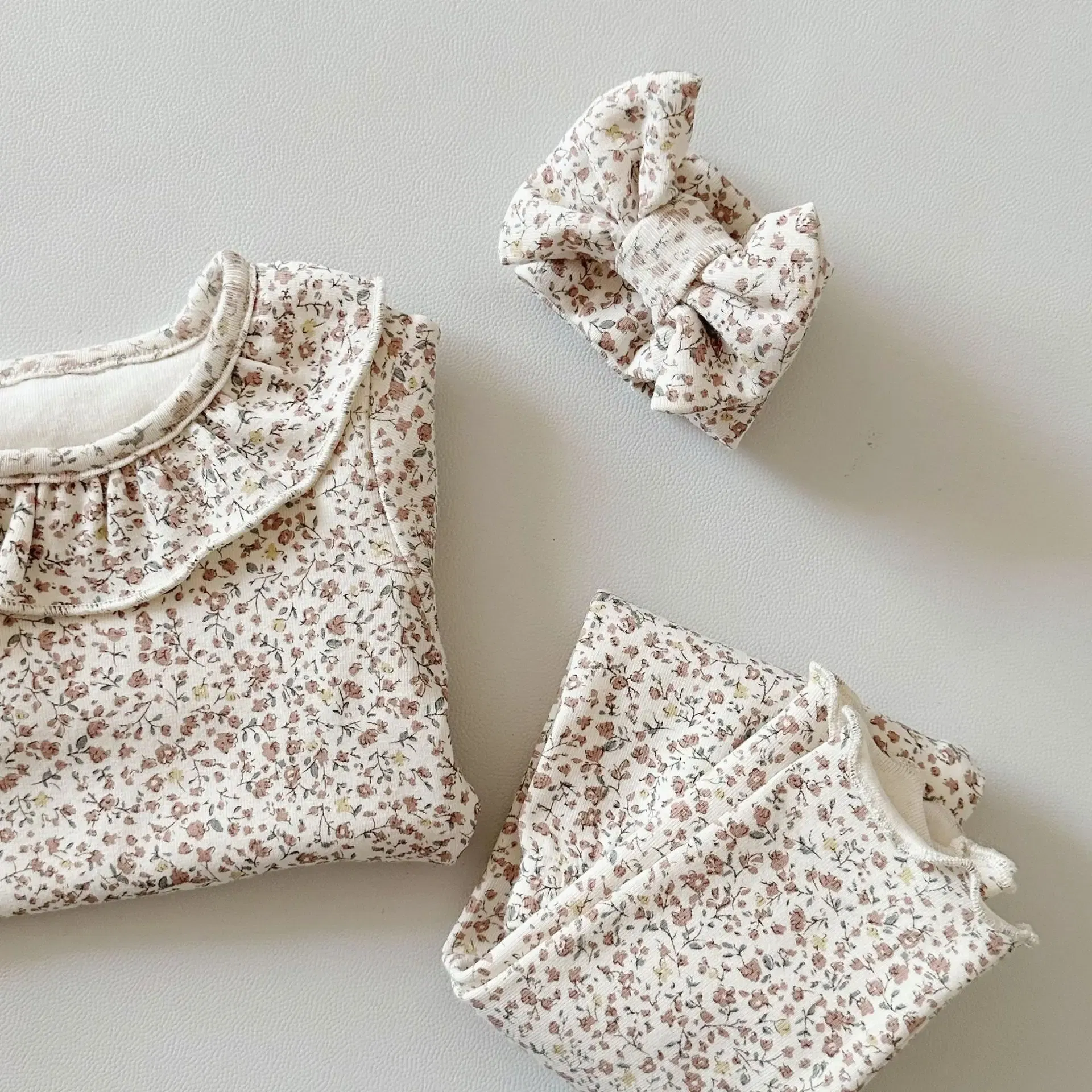 Color: Beige, Kid Size: 3M - 2025 Spring New Baby Long Sleeve Clothes Set Infant Girl Floral Tops + Leggings + Headband 3pcs Suit Cotton Toddler Outfits