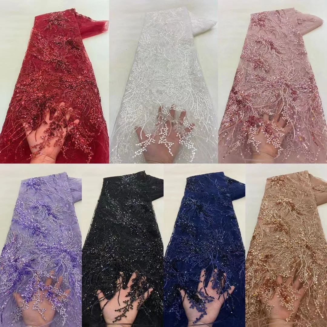 Color: black, Length: 5 yards, Width: 120cm - African French Sequined Lace Fabrics 2023 High Quality Tulle Lace 5 Yards Nigerian Embroidered Dress Material For Party Wedding