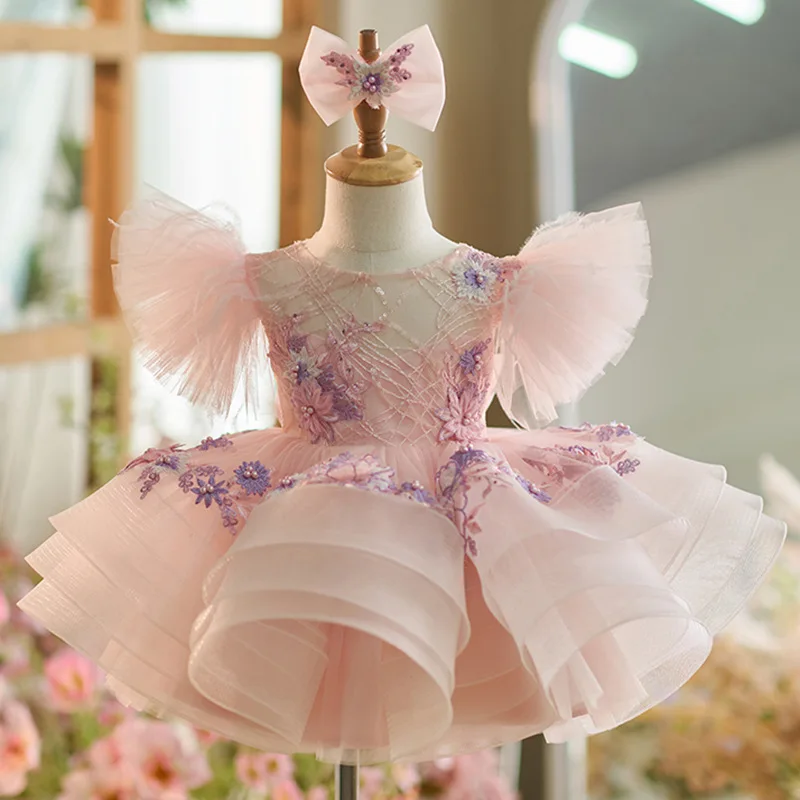 Color: green, Kid Size: 8T - New baby girl toddler dress birthday party dress exquisite unique girl sweet little fly sleeve cake skirt