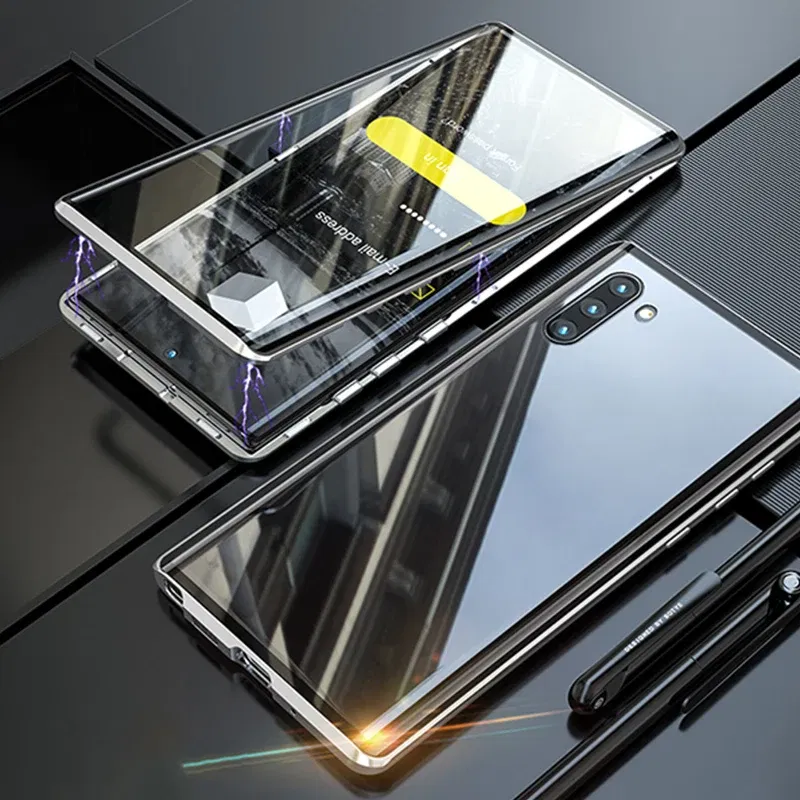 Color: Silver, Material: Plastic - Full Wrap Metal Bezel Case For Samsung Galaxy S23 S22 Ultra S21 S20 FE S24 Note 10 20 Lite Plus Double-Sided Glass Back Cover