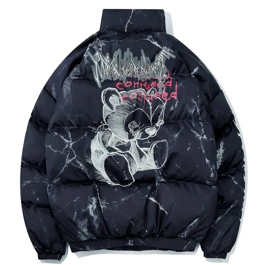 Color: black, Size: L - Winter Down Jacket Coat Men Cartoon Bear Print Parka Fashion Streetwear Casual Loose Thick Warm Padded Oversized Jackets Outwear