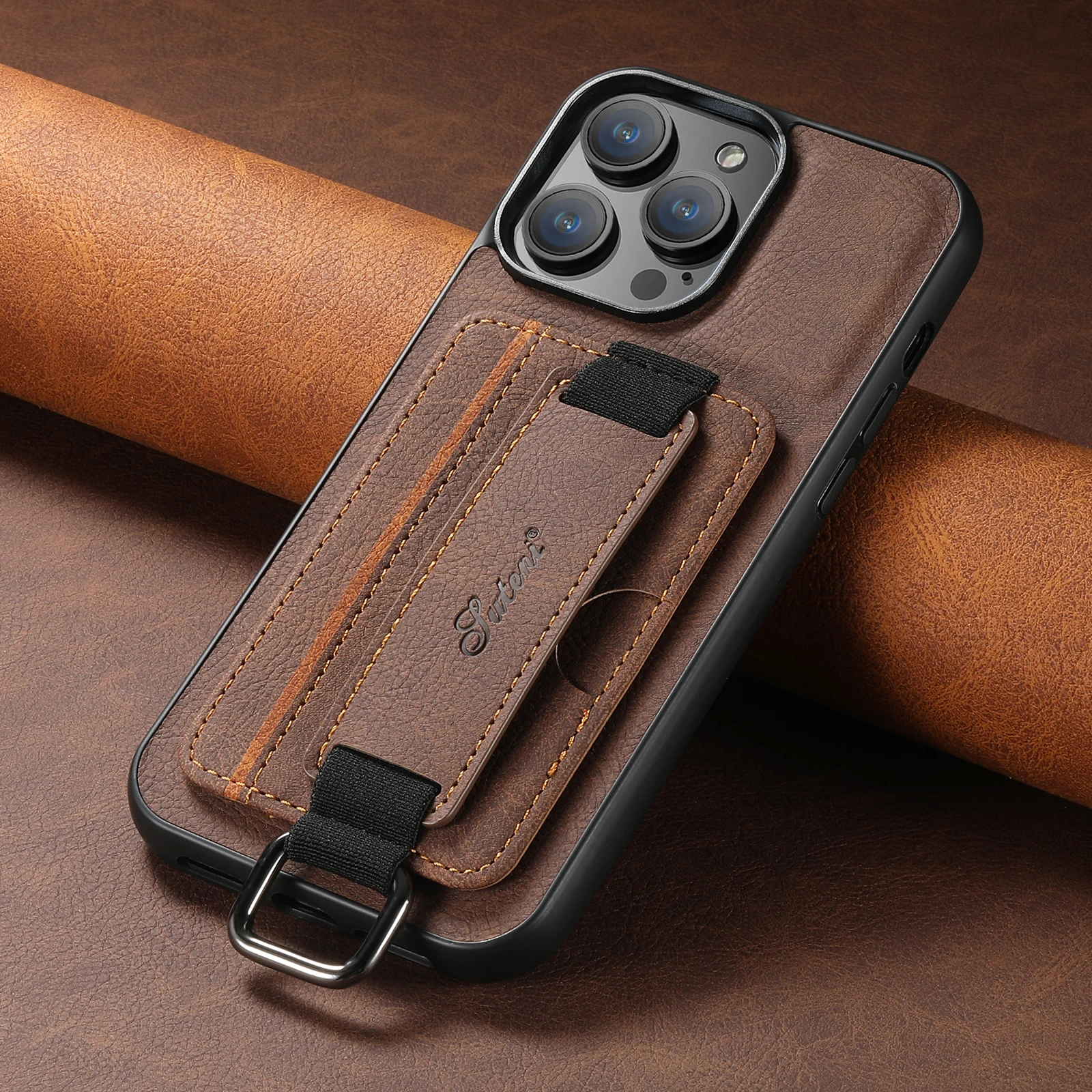 Color: black, Material: PU - SUTENI Lychee skin print wrist strap card phone case Card holder for iPhone 16 ProMax 15 Plus 14 13 12 11 XR XS Black/blue/brown