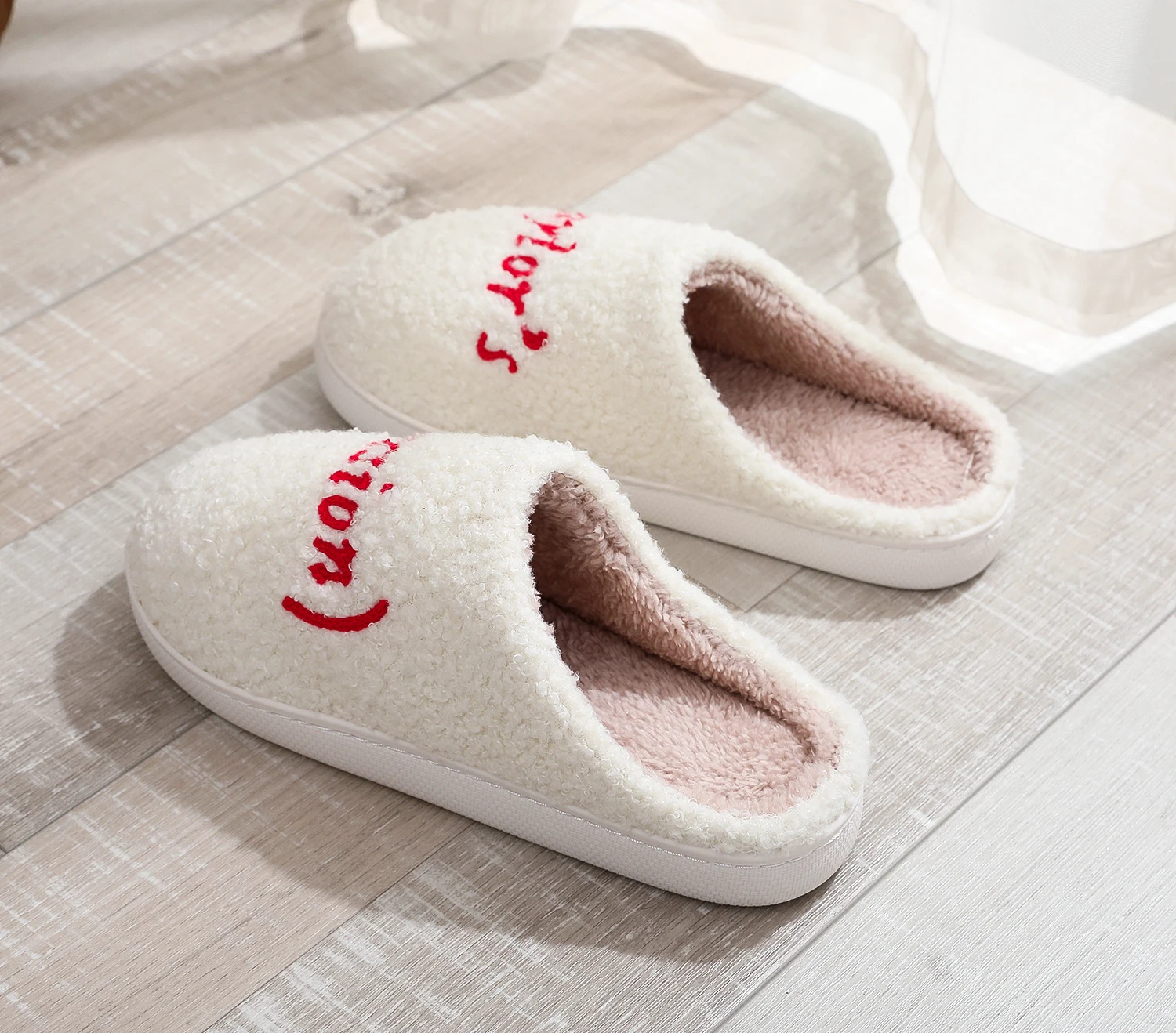 Color: WHITE, Shoe Size: 42 - Winter home home tapors version pattern cotton slippers non-slip thick-soled wool cotton slippers