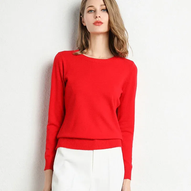 Color: Red, Size: XL - Women Slim O-Neck Solid Pullover Cashmere Wool Blending Sweater Autumn And Winter Long-Sleeved Knit Bottoming Shirt Large Size