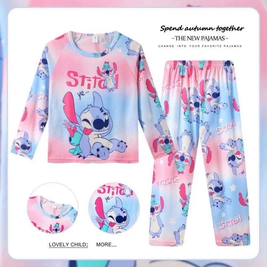 Color: Brown, Kid Size: 12t - 2pcs/set New Disney Stitch Children Pyjamas for Boys and Girls Sets Kid Minnie Home Wear Travel Casual Sleepwear Suit Cute Gift