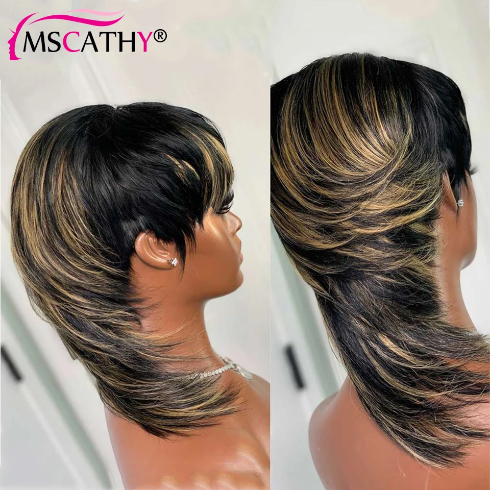 Hair Color: #27R, Stretched Length: 6inches, Density: 150% - Full Machine Made Dovetail Human Hair Wigs Body Wave Short Pixie Cut Wig With Bangs Glueless Brazilian Remy Hair Wigs For Women
