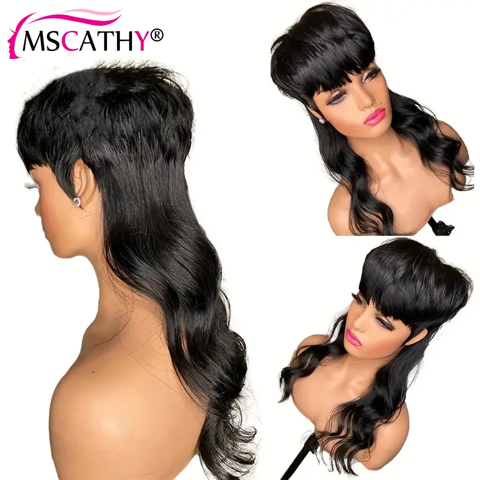 Hair Color: #27R, Stretched Length: 6inches, Density: 150% - Full Machine Made Dovetail Human Hair Wigs Body Wave Short Pixie Cut Wig With Bangs Glueless Brazilian Remy Hair Wigs For Women