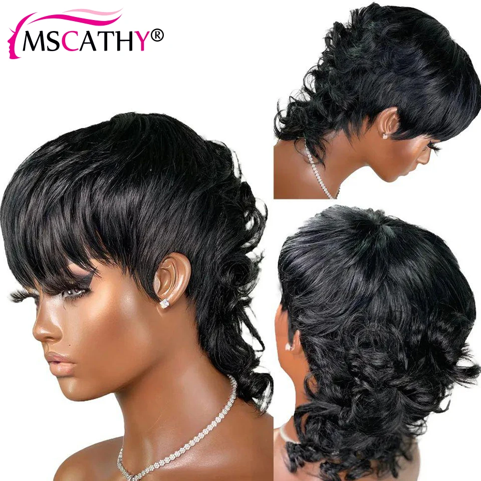 Hair Color: #27R, Stretched Length: 6inches, Density: 150% - Full Machine Made Dovetail Human Hair Wigs Body Wave Short Pixie Cut Wig With Bangs Glueless Brazilian Remy Hair Wigs For Women