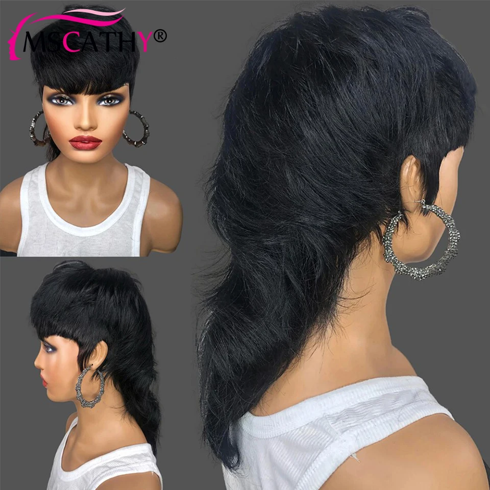 Hair Color: #27R, Stretched Length: 6inches, Density: 150% - Full Machine Made Dovetail Human Hair Wigs Body Wave Short Pixie Cut Wig With Bangs Glueless Brazilian Remy Hair Wigs For Women