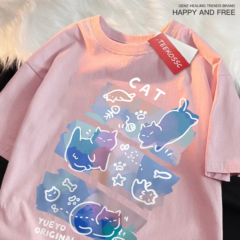 Color: GRAY, Size: S - Fun Mischievous Cat Print Japanese Style T-Shirts Men Women Fashion Tshirs Breathable Summer T-Shirts Cotton Loose Tee Clothes