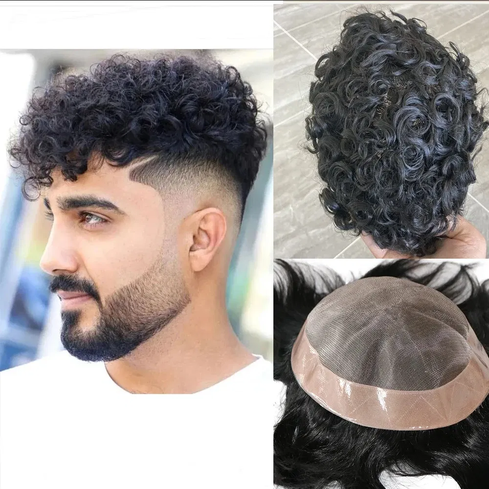 20MM Curly Brown Black Super Durable Mono Lace&Pu Mens Toupee Wig Human Hair 15mm Capillary Prosthesi Weave Replacement For Male