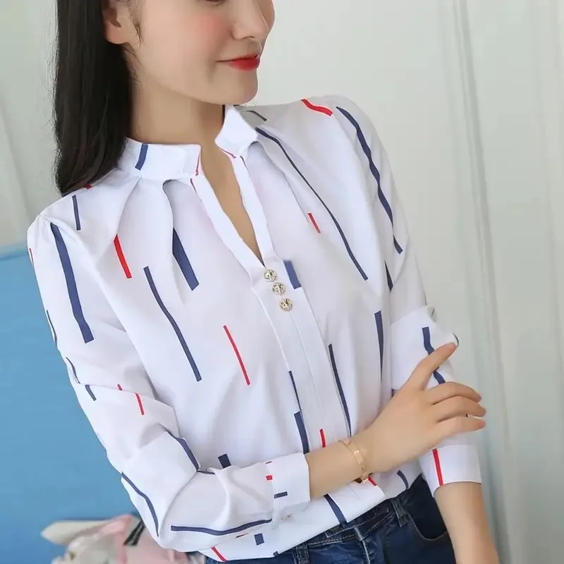 Color: SKY BLUE, Size: XXXL - Women White Tops Blouses Fashion Stripe Print Casual Long Sleeve Office Lady OL Shirts Slim Blusas DF4970