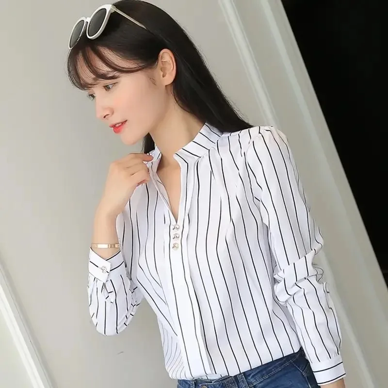 Color: SKY BLUE, Size: XXXL - Women White Tops Blouses Fashion Stripe Print Casual Long Sleeve Office Lady OL Shirts Slim Blusas DF4970