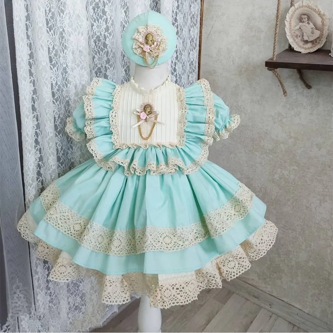 Color: Beige, Kid Size: 2T - 1-12Y Baby Girl Green Lace Vintage Spanish Turkish Ball Gown Princess Dress for Birthday Eid