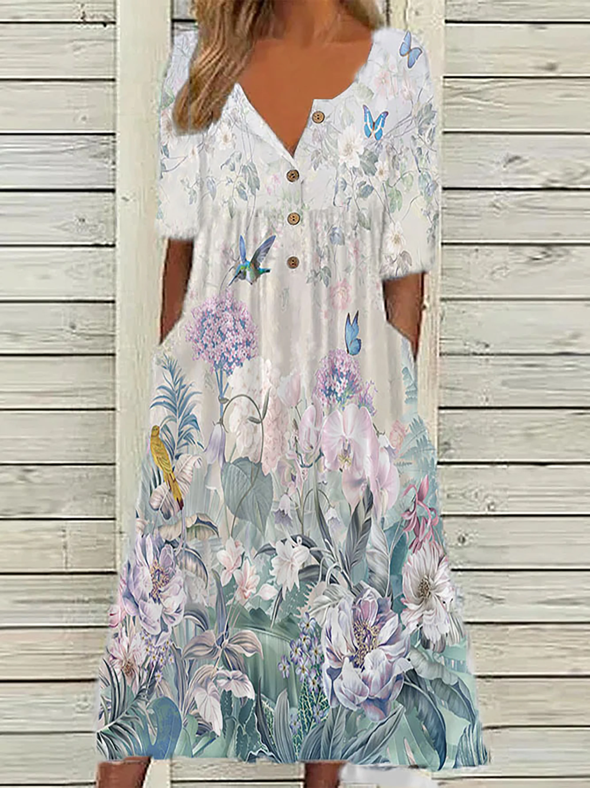 Color: Gold, Size: 2XL - 2024 Europe and the United States spring new fashion printed V-neck button short sleeve plus size women's size women's pocket