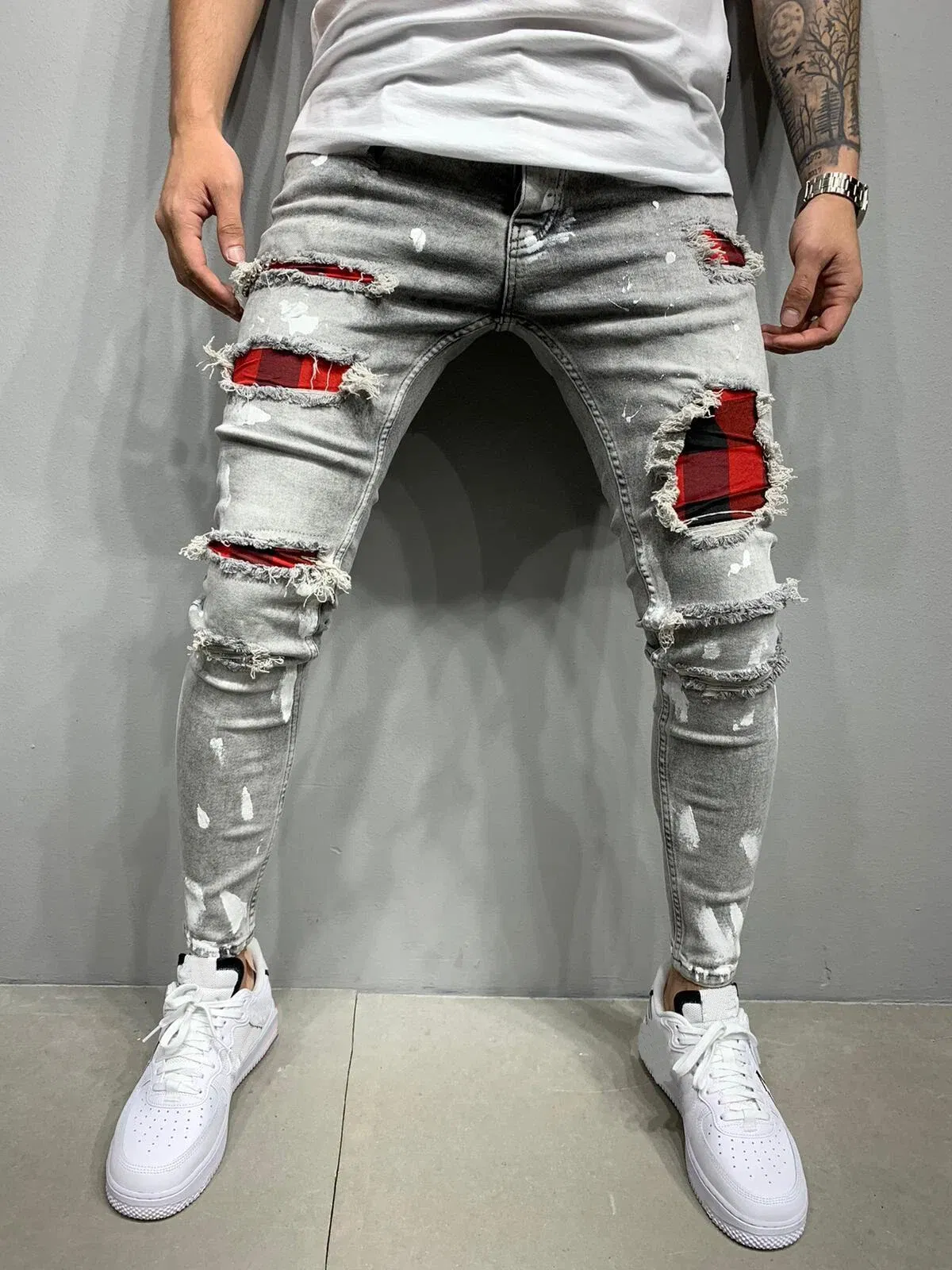 Color: Khaki, Size: S, Ships From: CHINA - Men's Punk Hip Hop Black Fashion Jeans Spring summer New Rock Motorcycle Street Wear Tight Casual Denim pants Straight leg pants