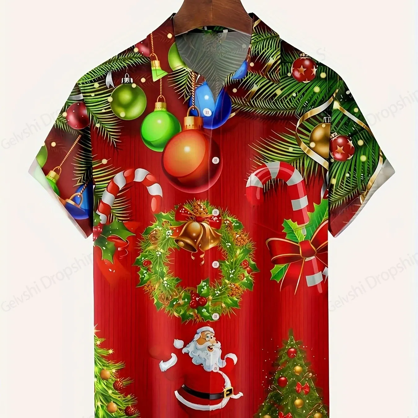Color: Khaki, Size: XXL - Men's Retro Christmas Hawaiian Shirt Men Women Fashion Cartoon Santa Claus Shirts Short Sleeve Blouse Festive Holiday Top Elk