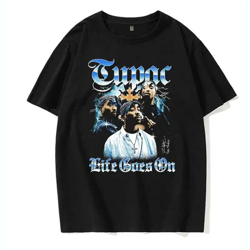 Color: Blue, Size: XXL - Men's Short Sleeved Fashion Rap Singer Tupac 2Pac Printed Top Harajuku Printed T-shirt Casual Basic O-neck T-shirt