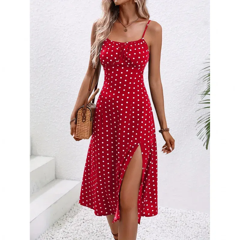 Color: Beige, Size: L - 2025 Summer Sexy Spaghetti Straps Dress Women Fashion Polka Dot Print Sleeveless Slit Dress Boho Casual Beach Midi Dresses