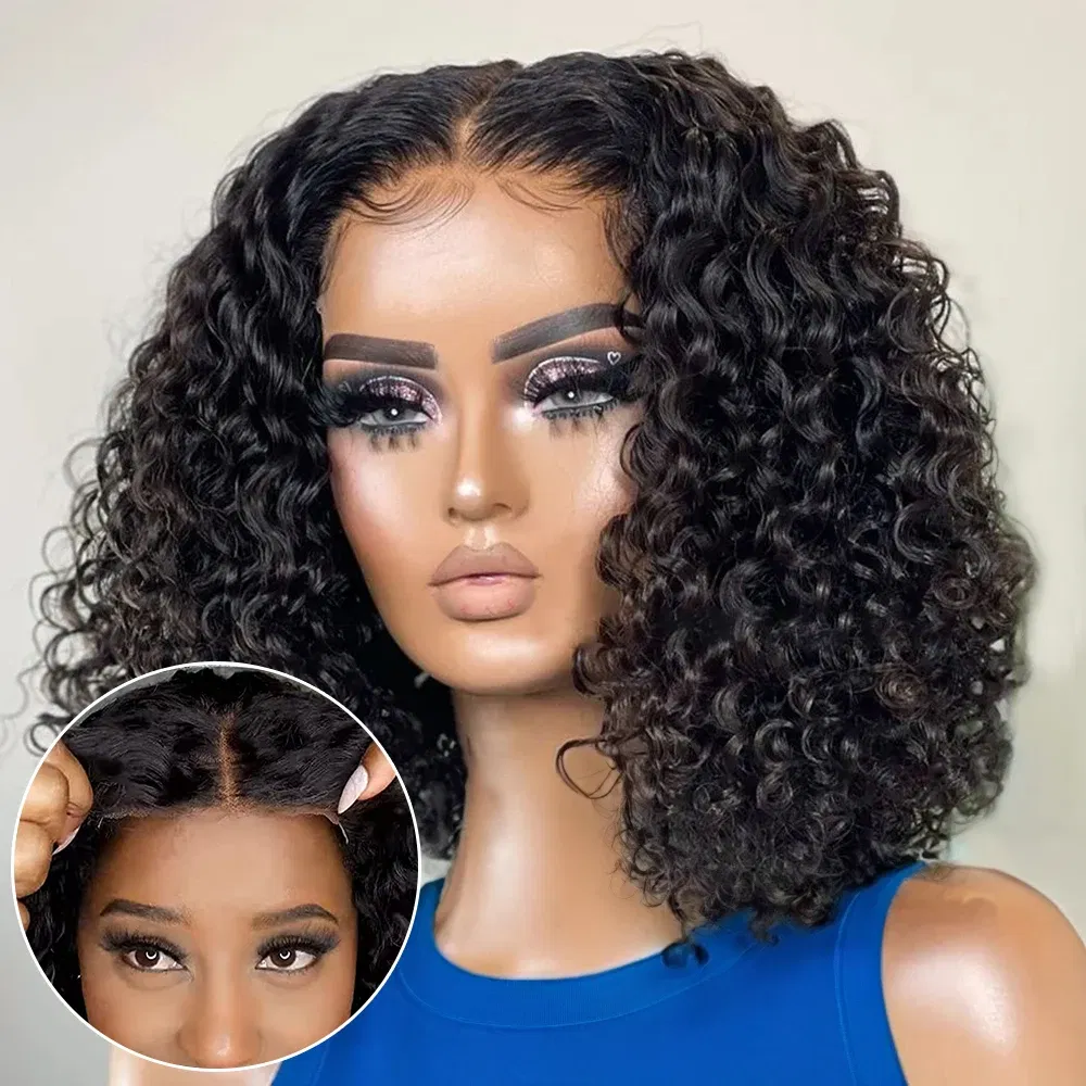 Hair Color: #1B, Ships From: CHINA, Stretched Length: 10inches, Density: 150% - Water Wave Bob Wig Glueless Preplucked Human Wigs Ready To Go 13x4 Frontal Brazilian Wigs HD Transparent Lace Wig Deep Curls