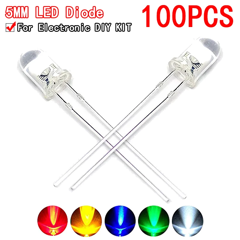 Color: Orange - 100pcs High quality Transparent Round 5mm Super Bright Water Clear Green Red White Yellow Blue Light LED Bulbs Emitting Diode