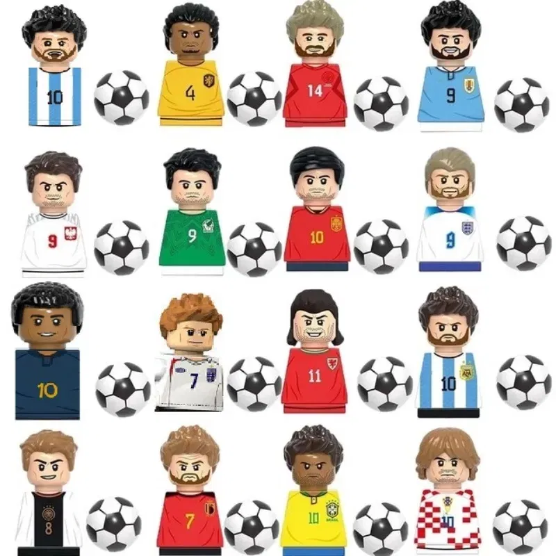 Color: GRAY - 1-16PCS Messi Ronaldo Neymar Lewandowski Soccer World Famous Football Players Figurine Mini Action Building Block Toy Kids Gifts
