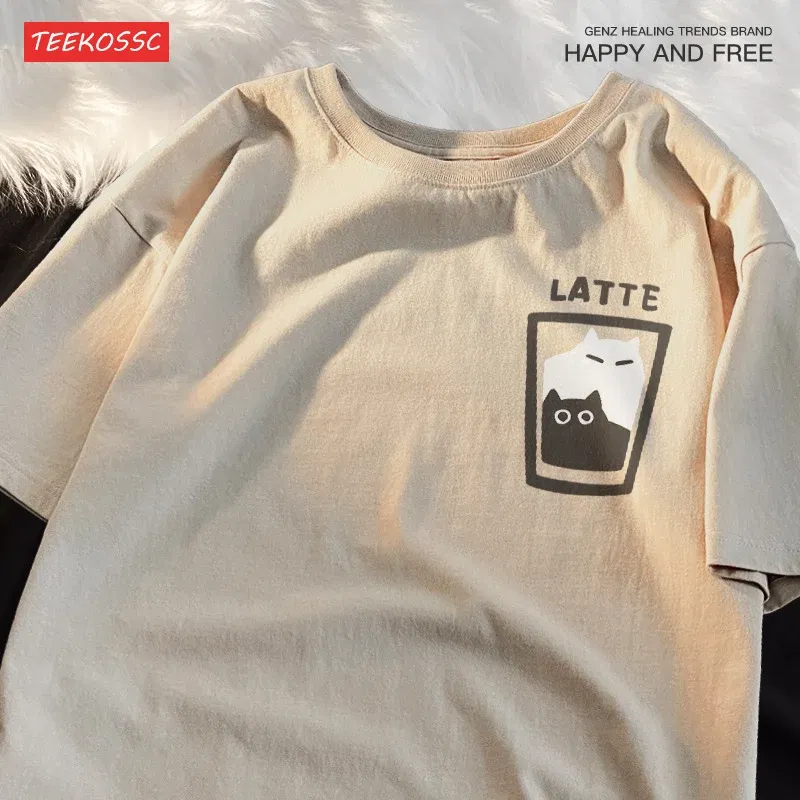 Color: Gold, Size: XXL - Mocha Latte Couple Outfit Cat Coffee Couple Male T-Shirts Graphic Cool Tee Shirt High-Quality Oversized Tshirt Comfort Soft