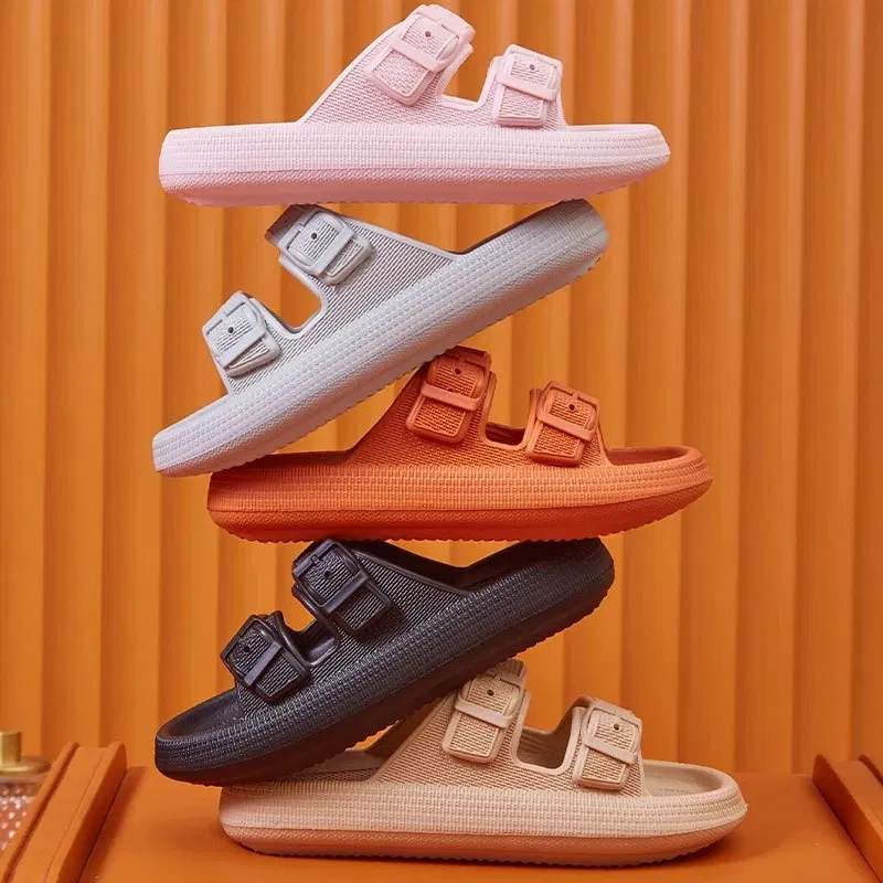 Color: wine red, Shoe Size: 3.5 - Fashion Buckle Thick Platform Slippers Women Home Soft Sole eva Cloud Slides Sandals Woman 2023 Summer Non Slip Beach Flip Flops