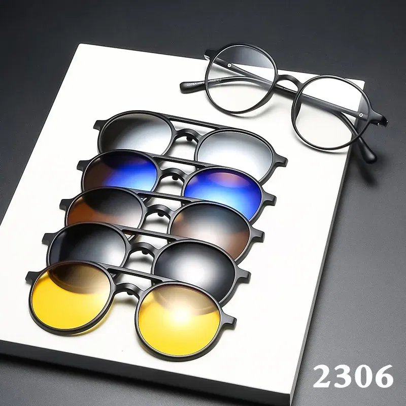 Lenses Color: Blue-gray, Ships From: CHINA, Frame Color: WHITE - 6 In 1 Magnetic Clip Sunglasses And Prescription Glasses Frame Men Women Polarized or Night Vision Lenses PC or TR90 Frame 2333