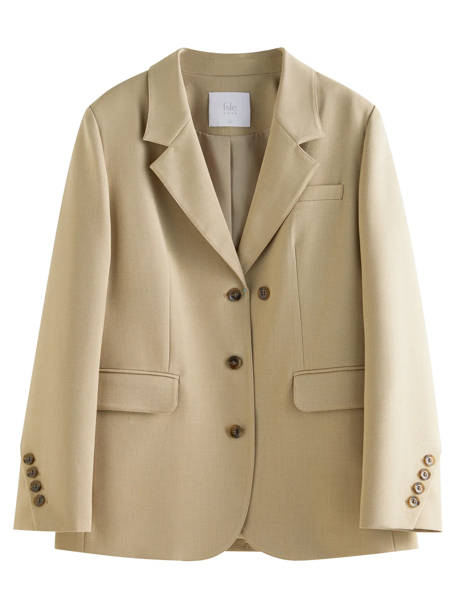 Color: Khaki, Size: L - FSLE Women Khaki Blazer 2025 Spring New Office Lady Black Simple Loose Front Shoulder Blazer Coats Button Design Coat 25FS11071