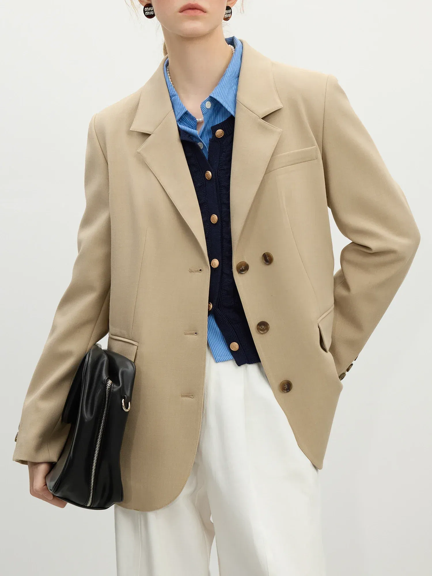 Color: Khaki, Size: L - FSLE Women Khaki Blazer 2025 Spring New Office Lady Black Simple Loose Front Shoulder Blazer Coats Button Design Coat 25FS11071