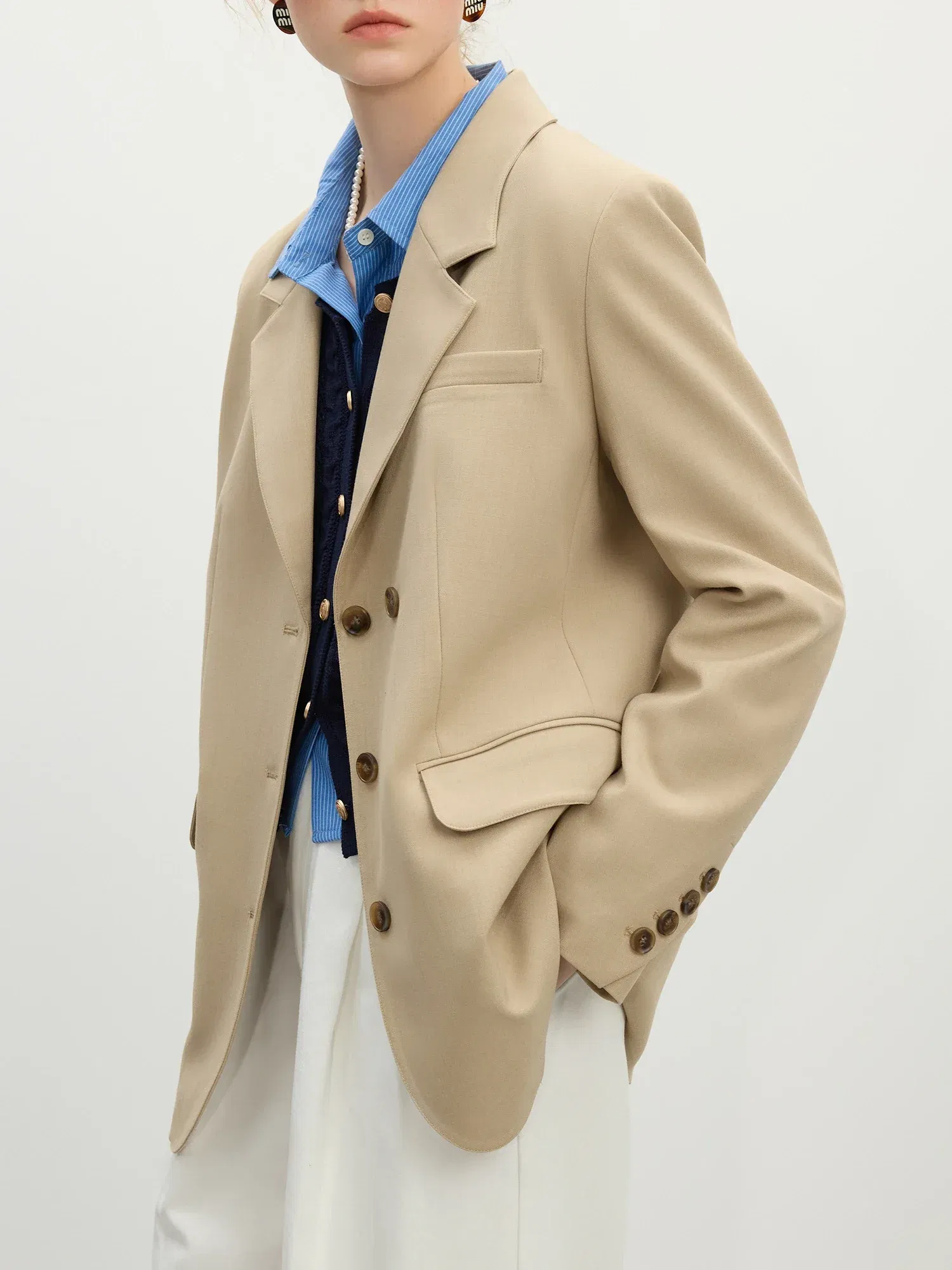 Color: Khaki, Size: L - FSLE Women Khaki Blazer 2025 Spring New Office Lady Black Simple Loose Front Shoulder Blazer Coats Button Design Coat 25FS11071