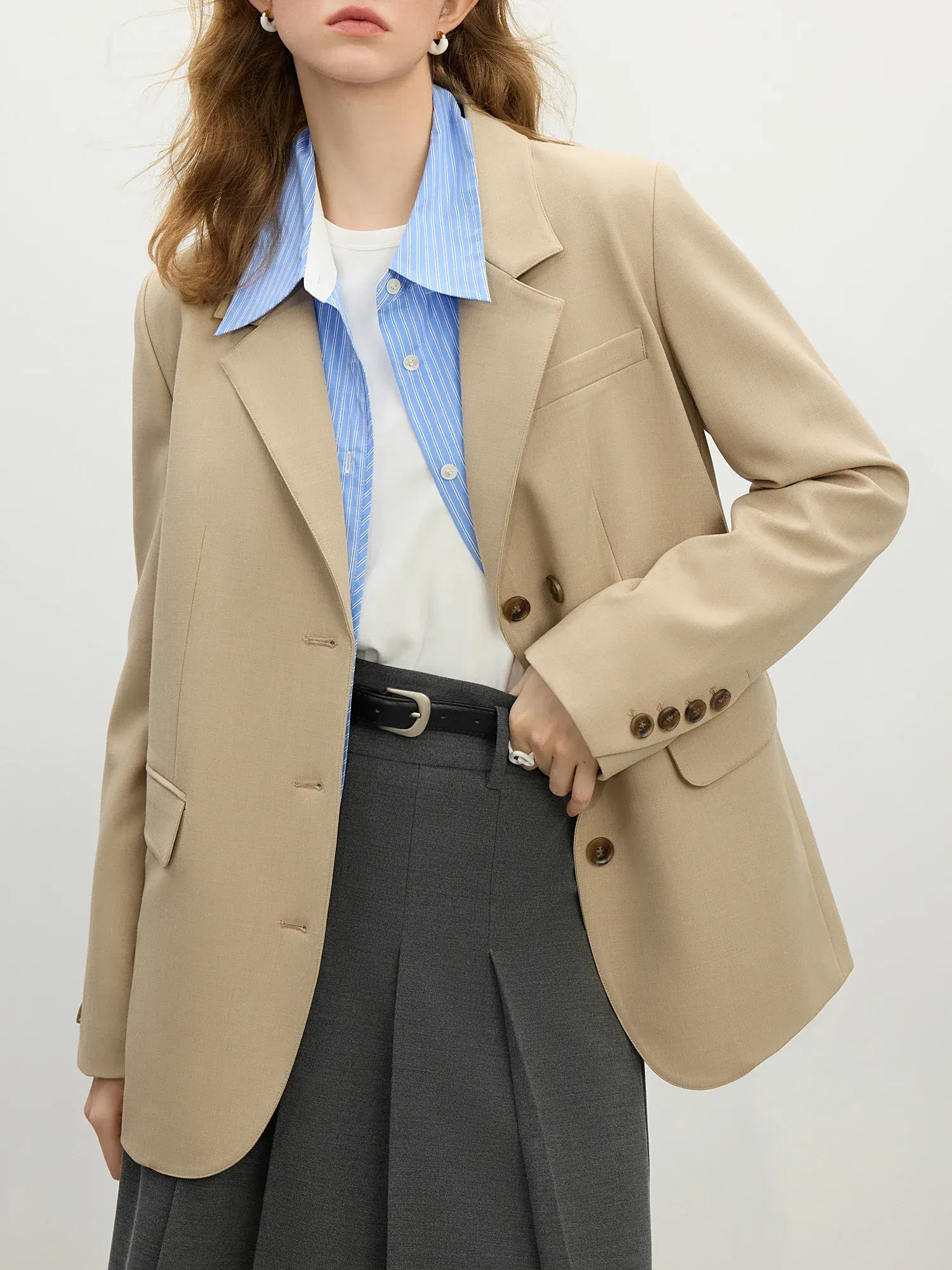 Color: Khaki, Size: L - FSLE Women Khaki Blazer 2025 Spring New Office Lady Black Simple Loose Front Shoulder Blazer Coats Button Design Coat 25FS11071