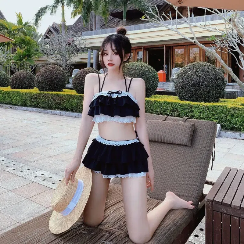 Color: black, Size: M - Bikini Sets Women Kawaii Girlish Design Tender Teens Slim Chic Beach Simple Feminino Daily Ruffles Japan Style Cool Sexy