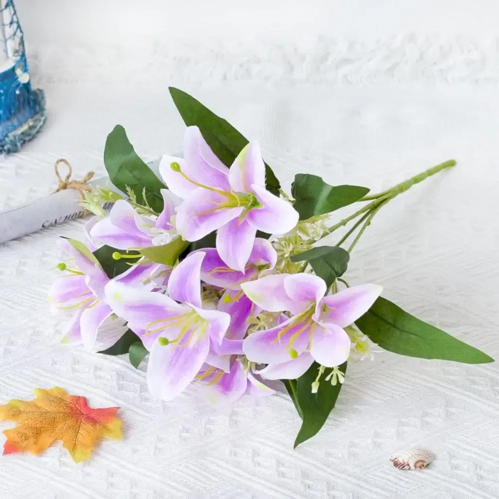 Color: Green - 1Pc Artificial Lilies Flower No Withering Non-fading Single Branch Multi-fork Artistic Modern Style Fake Flower for Wedding