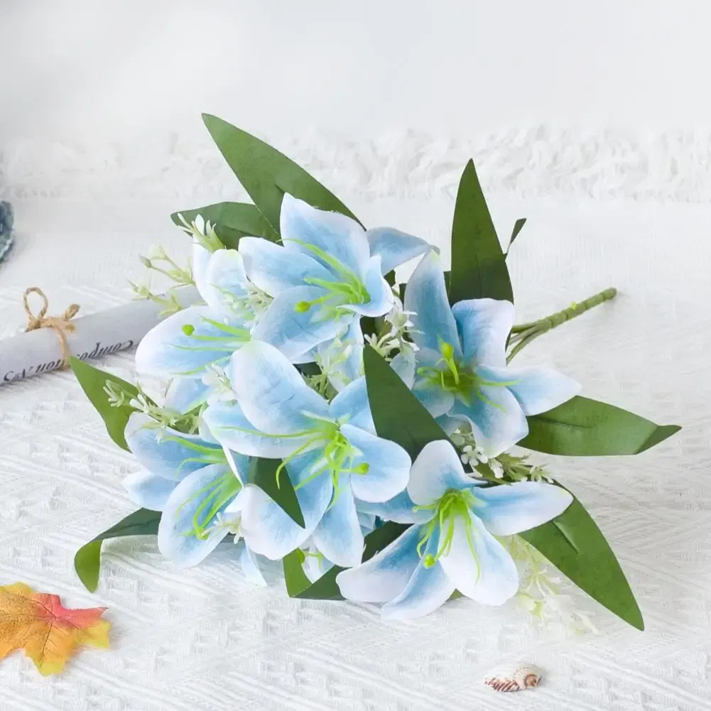 Color: Green - 1Pc Artificial Lilies Flower No Withering Non-fading Single Branch Multi-fork Artistic Modern Style Fake Flower for Wedding