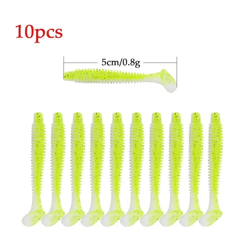 Color: Yellow, Size: 55mm - 10pcs/lot Fishing Lure 50mm 0.8g Soft Rubber Bait Jig Wobbler Soft Worm Carp Fishing Bait Artificial Silicone Swimbait