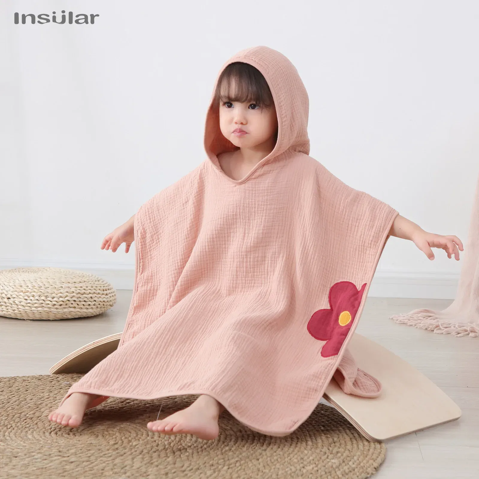 Color: WHITE - Muslin Baby Hooded Poncho Towel Children's Hooded Bath Towel Soft Kids Beach Bathing Stuff Infant Washcloth