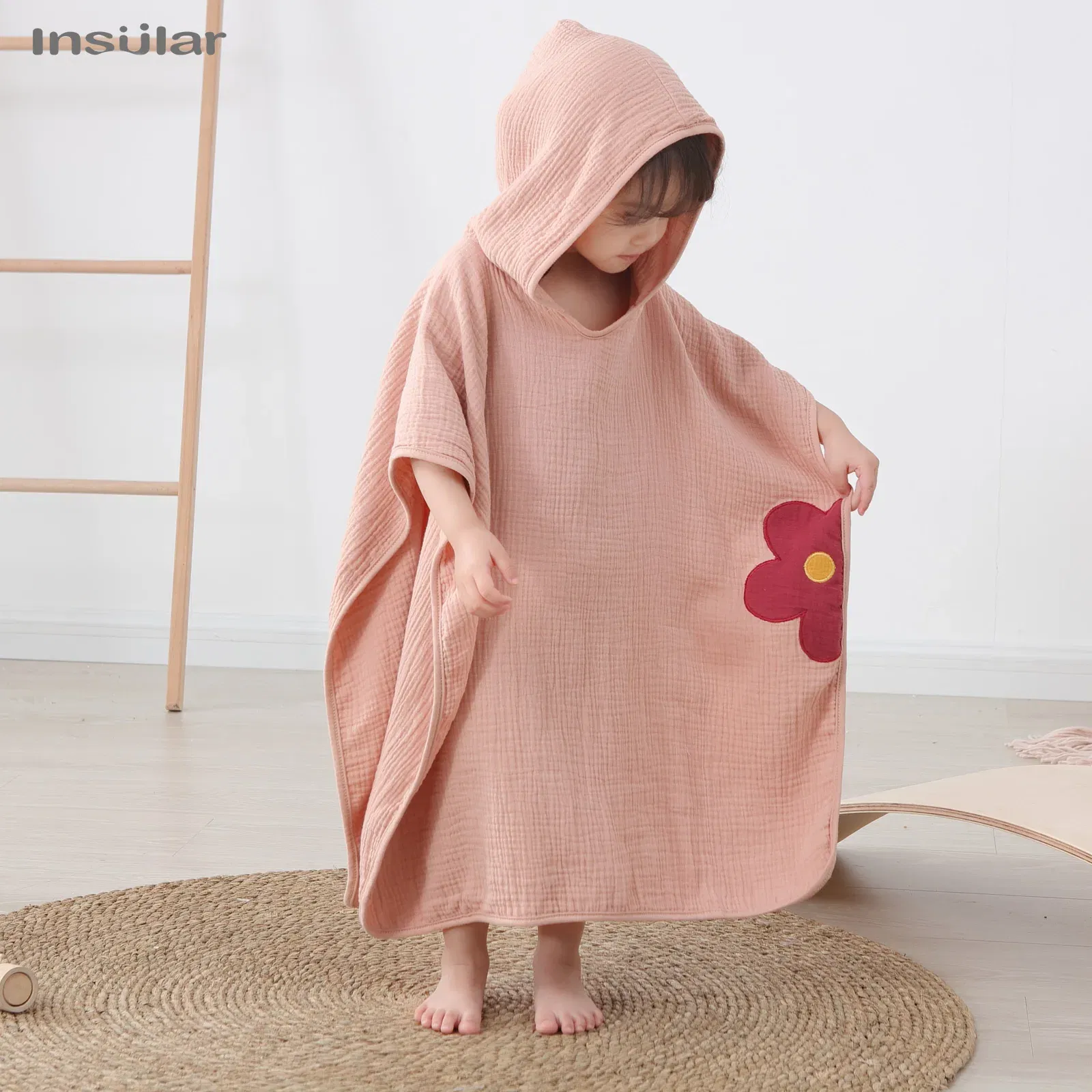 Color: WHITE - Muslin Baby Hooded Poncho Towel Children's Hooded Bath Towel Soft Kids Beach Bathing Stuff Infant Washcloth