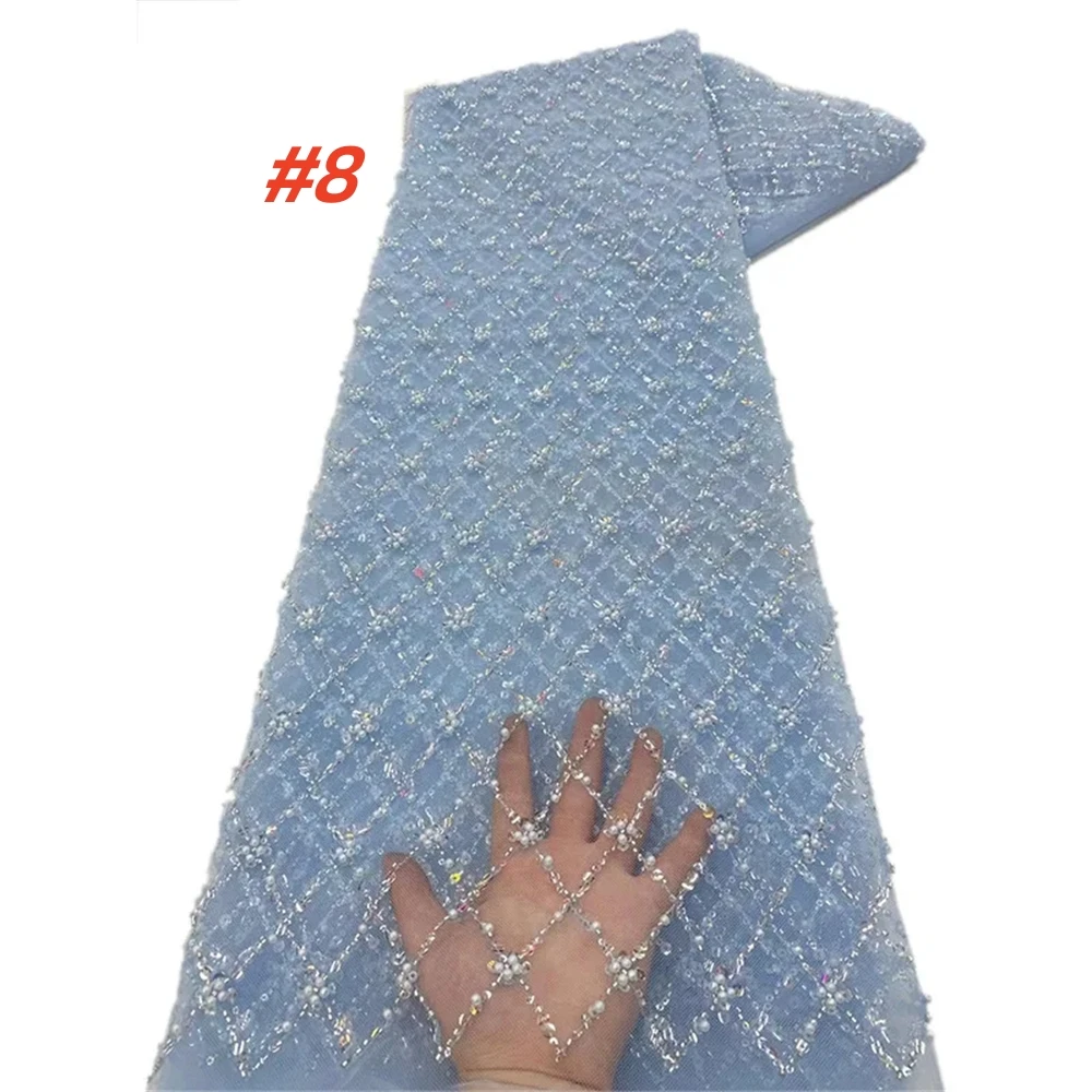 Color: SKY BLUE, Length: 5 yards, Width: 120cm - Gold African Sequins Lace Fabric 2025 High Quality French Nigerian Groom Lace Mesh Fabrics Beads For Sewing Dress Wedding Party