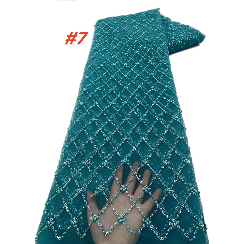 Color: SKY BLUE, Length: 5 yards, Width: 120cm - Gold African Sequins Lace Fabric 2025 High Quality French Nigerian Groom Lace Mesh Fabrics Beads For Sewing Dress Wedding Party