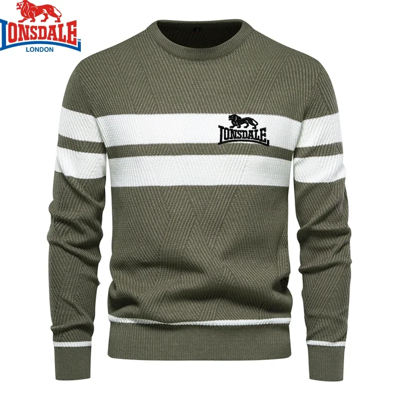Color: SKY BLUE, Size: XL - Embroidered LONSDALE Mens Boys Winter Stripe Sweater Thick Warm Pullovers Men's O-neck Basic Casual Slim Comfortable Sweaters