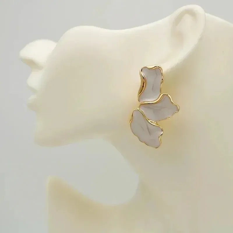 Metal Color: Light Yellow Gold Color - Metal Flower Cream Stud Earrings for Women Fashion Gold Color Plating Irregular Post Earrings Heavy Design Statement Earring