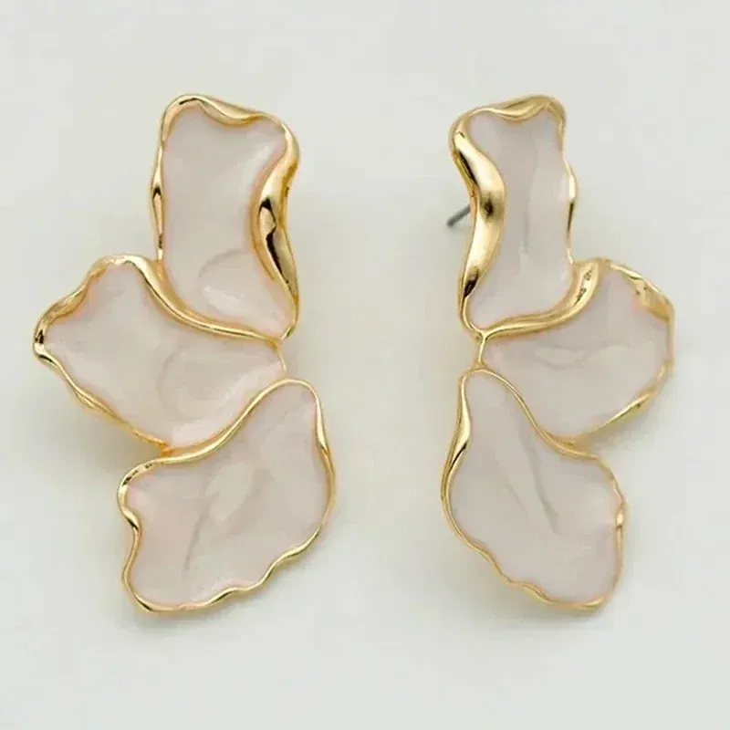 Metal Color: Light Yellow Gold Color - Metal Flower Cream Stud Earrings for Women Fashion Gold Color Plating Irregular Post Earrings Heavy Design Statement Earring