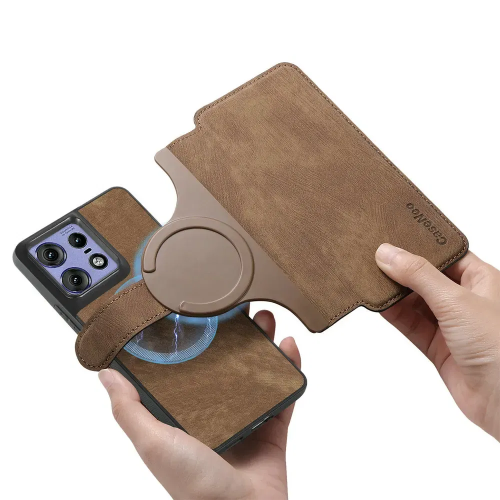 Color: Beige, Material: Wood - Edge 50 60 Fusion 5G Flip Case For Motorola Edge 60 Pro 2In1 Detachable Leather Wallet Funda Moto Edge 50 Neo 60 Pro S50 Cover